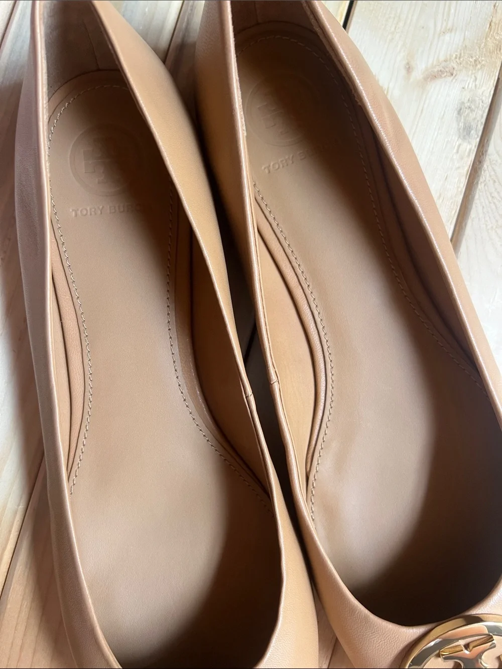 Tory Burch Camel Leather Logo Ballet Flats